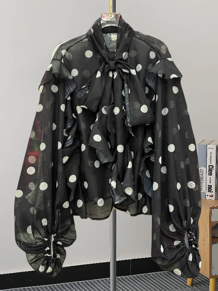 Ruffled Polka Dot Bow Tie Blouse