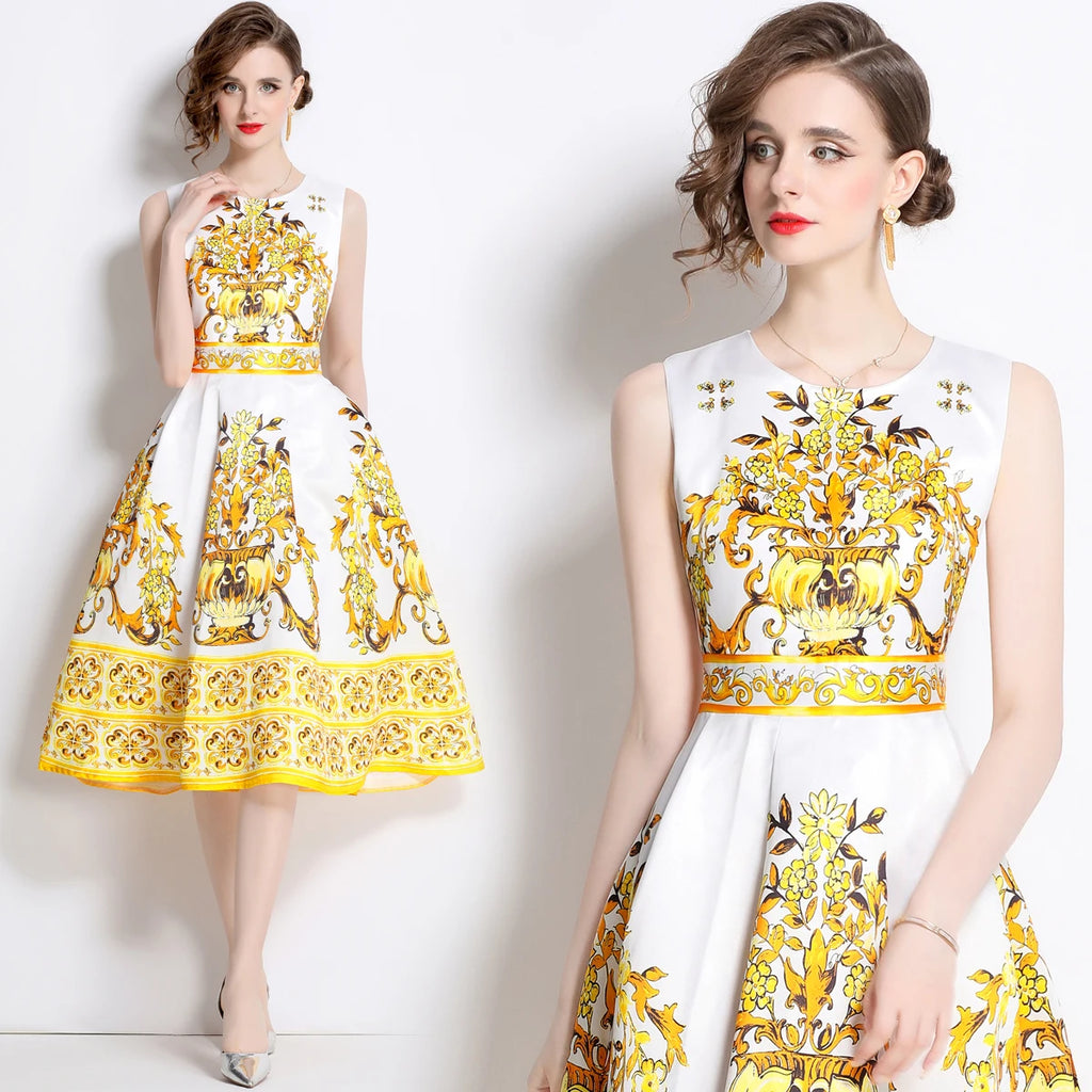 A model wearing a sleeveless, floral print, A-line midi dress with an empire waistline.