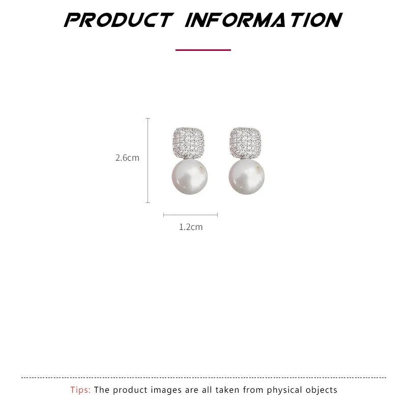 Zircon Pearl Stud Earrings| Geometric Square Round