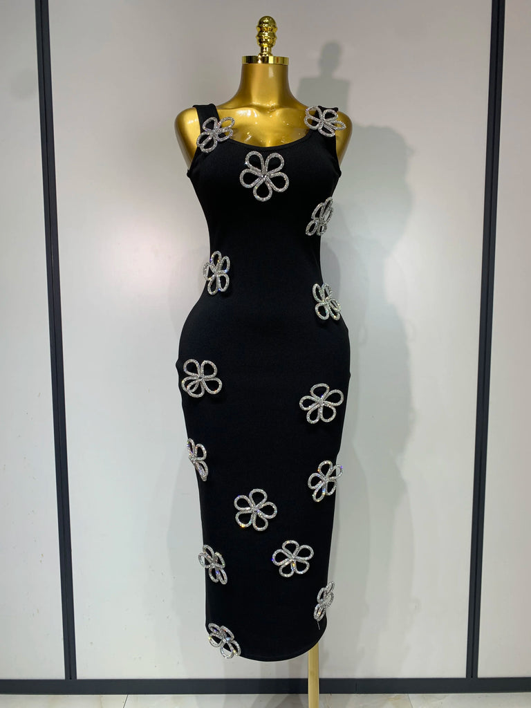 Diamonds Flower Black Long Bodycon Bandage Dress