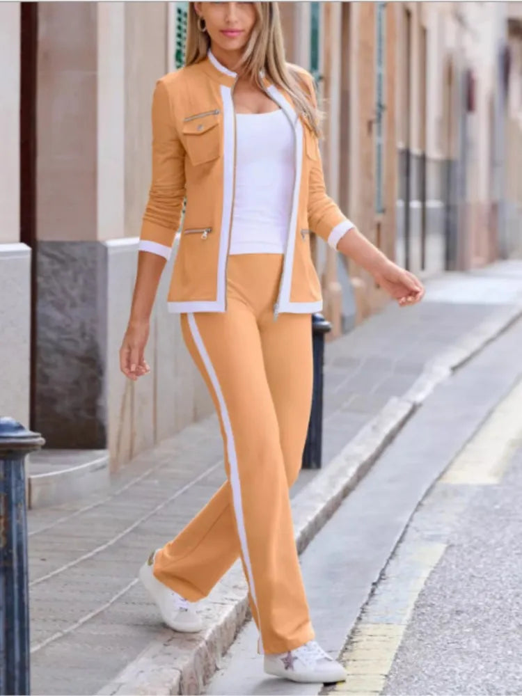 Elegant Two Piece Set - Slim Simple Zipper Top and Straight Sweatpants