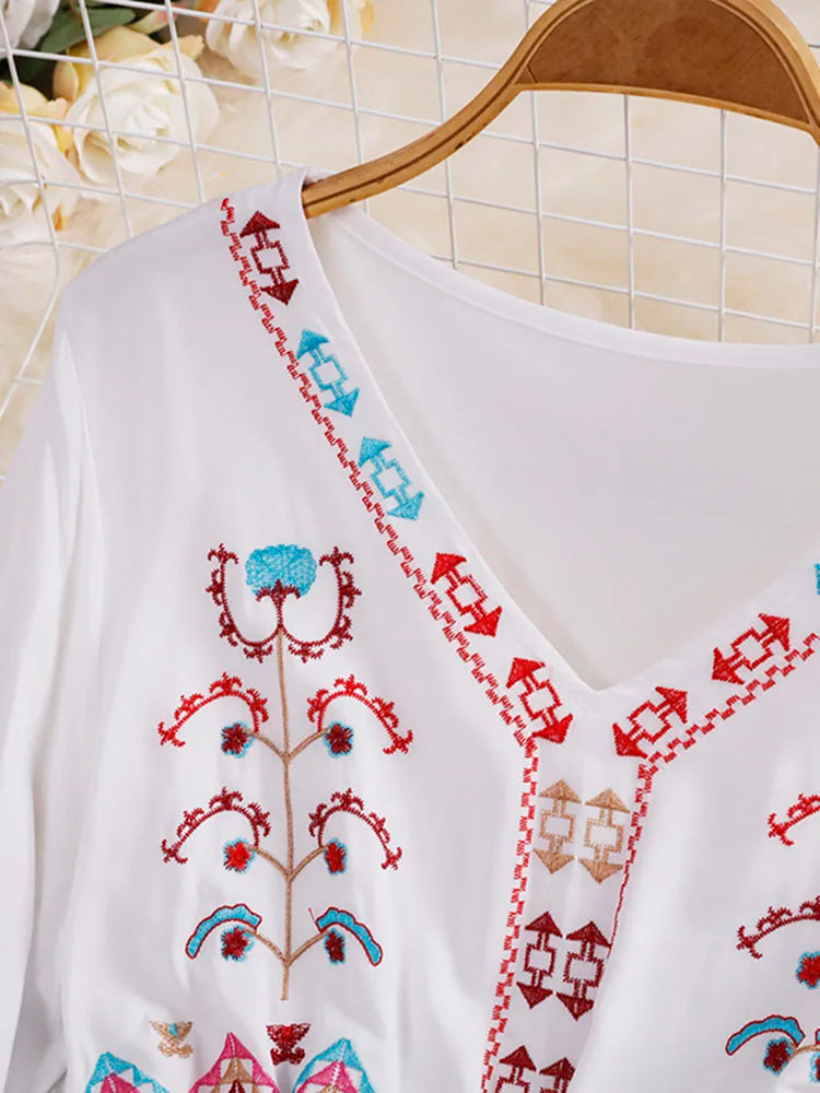 Bohemian Embroidered V-Neck Drawstring Mid-Calf Dress