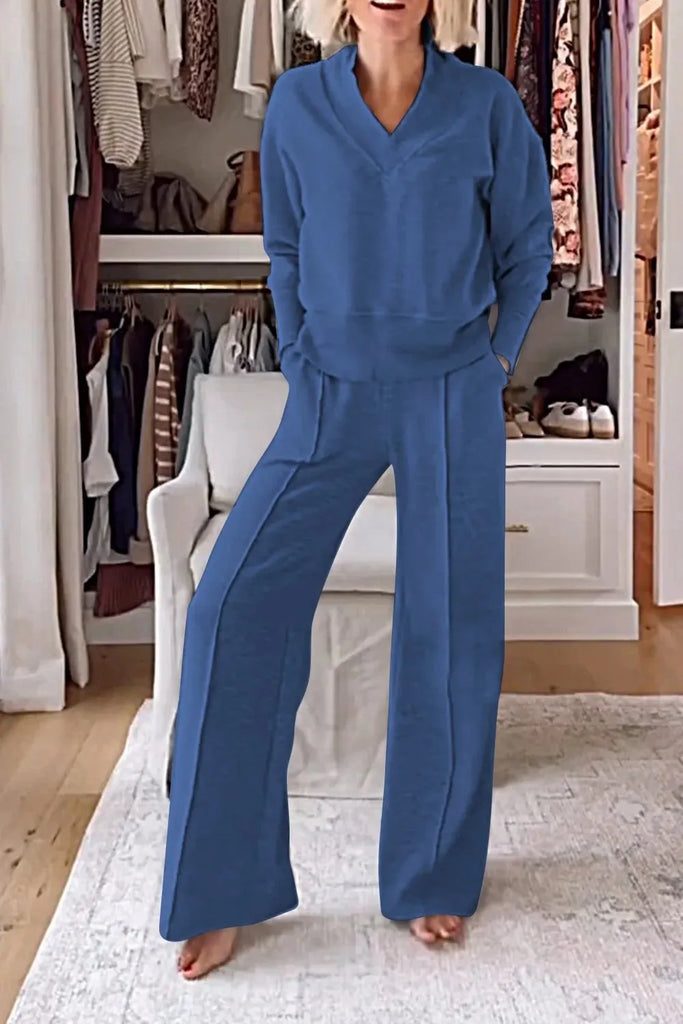 Two Piece Set - Loose Sweatshirt and Wide Leg Pant