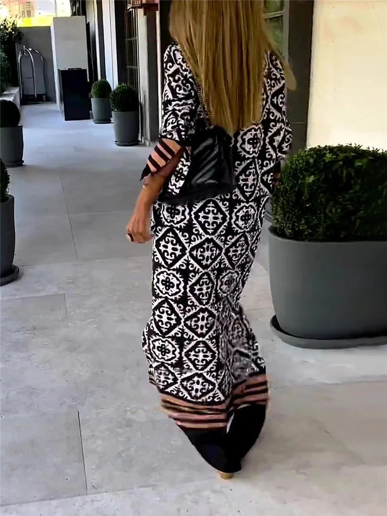 Bohemian Geometric Print Midi Kaftan Dress