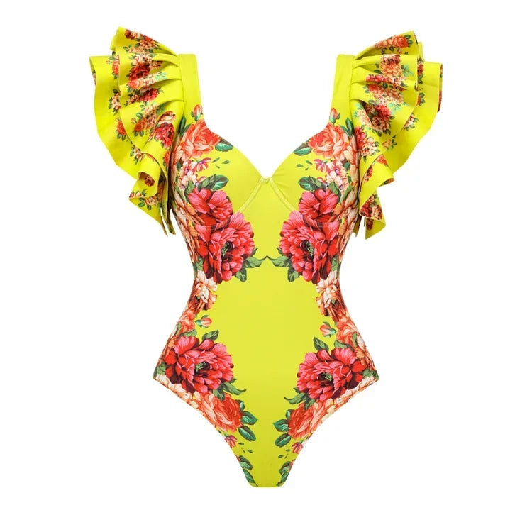 Ruffles Colorful Flower Print One Piece Swimsuit and skirt Swimwear