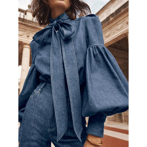 Bow-Embellished Denim Blouse Top