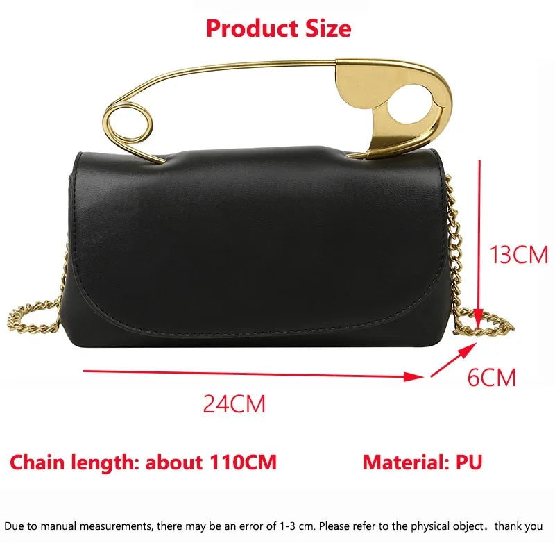 Safety Pin Leather Handbag with Shoulder Chain Strap