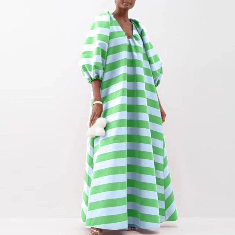 Elegant V-Neck Striped Maxi Dress for Women