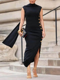 FREEACY Sleeveless High Neck Button Adorned Split-Side Dress