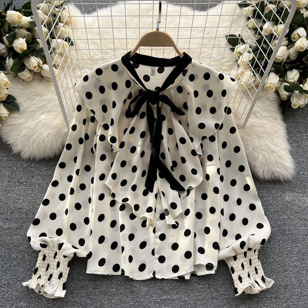 Vintage Polka Dot Long Sleeve Ruffle Shirt