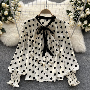 Vintage Polka Dot Long Sleeve Ruffle Shirt