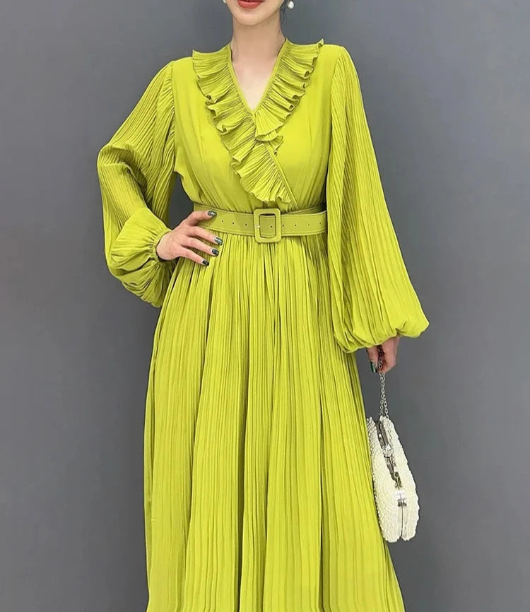 Ruffled Collar Pleated Chiffon Mid-Calf Dress