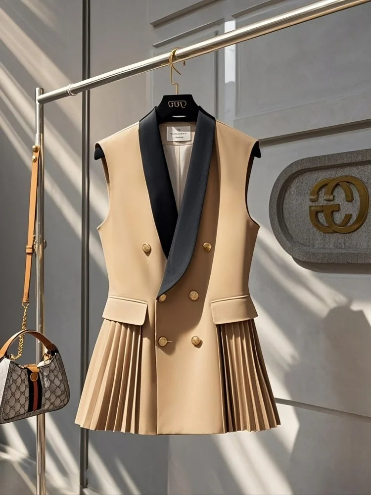 Pleated Double Breasted Sleeveless Vest