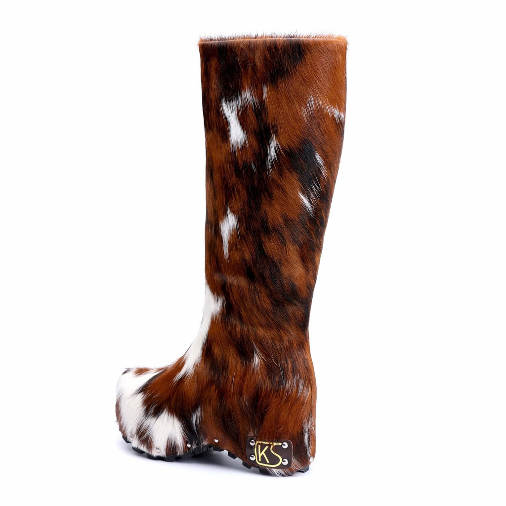 Handmade Studded Knee-High Platform Boots with Real Calf Hair