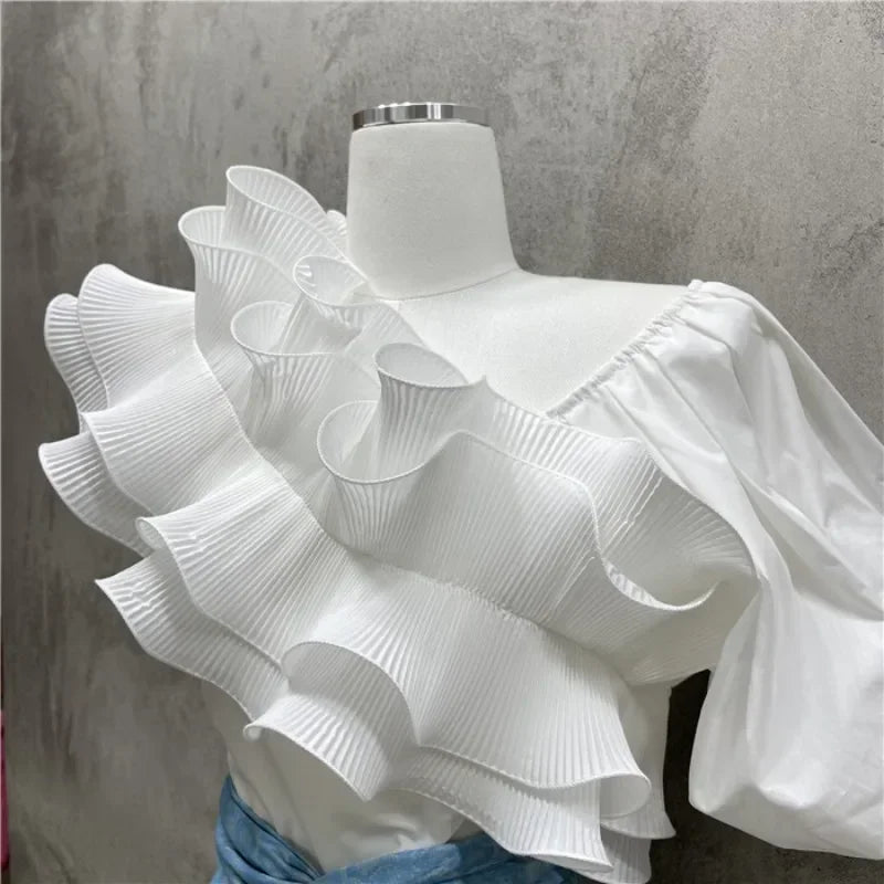 Sexy Skew Collar Blouse with Puff Short Sleeves