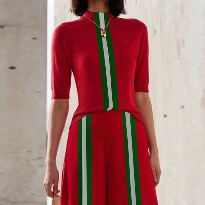 Contrast Color Two Piece Set - Skinny Top And A Wide Leg Long Pant
