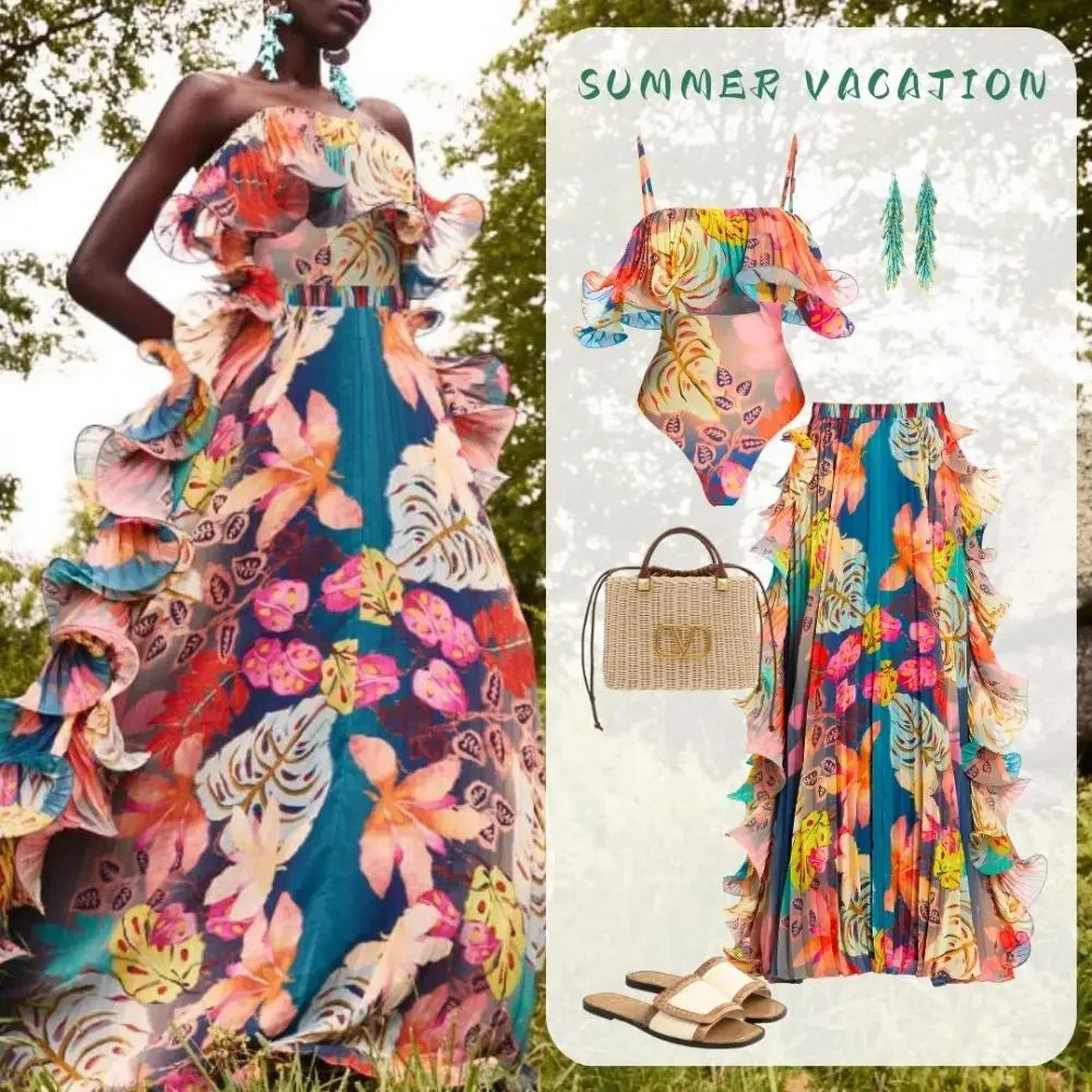 Flowers Printed One Piece Swimsuit and Skirt Beachwear Luxury Bathing Suit