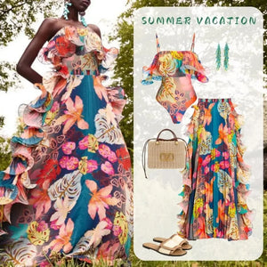 Flowers Printed One Piece Swimsuit and Skirt Beachwear Luxury Bathing Suit