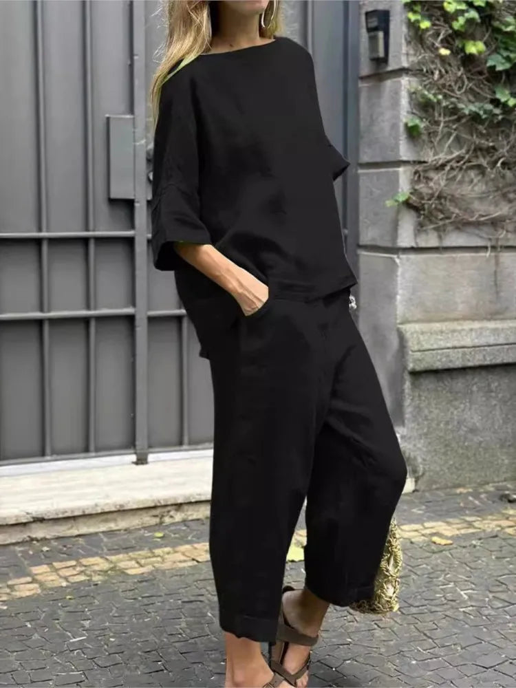 2 Piece Set - Half Sleeve O Neck Top And Loose Pocket Pant