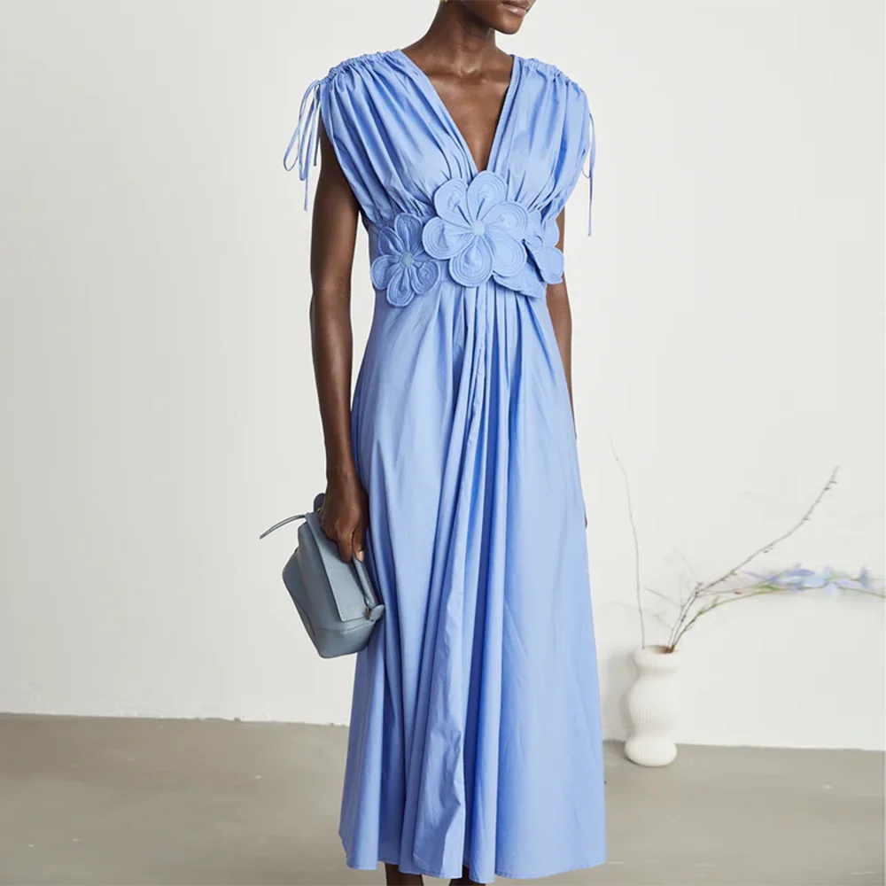 Spliced Bodice Floral Applique Spring Dress