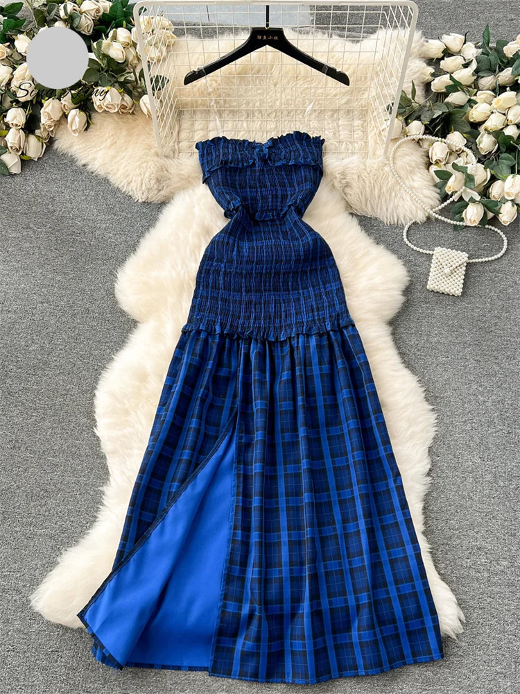 Strap Off Shoulder Sleeveless Plaid Print Dress