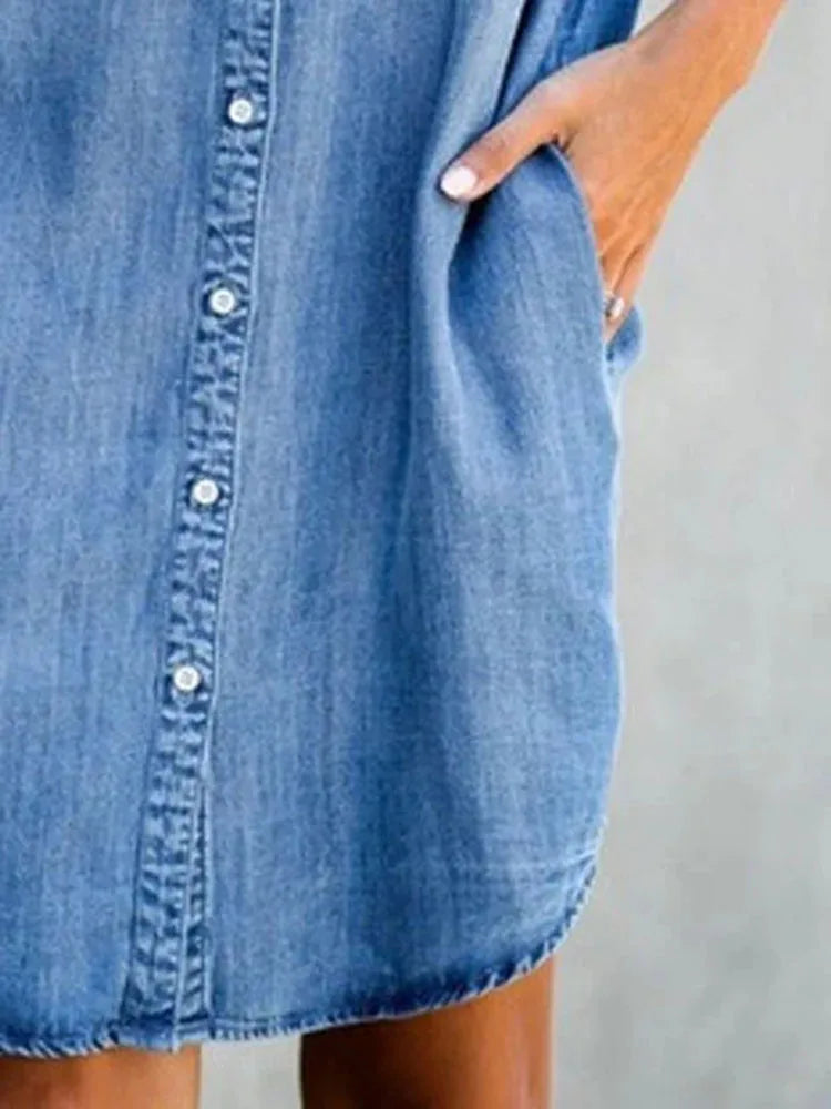Casual Loose Fit Denim Shirt Dress with Pockets