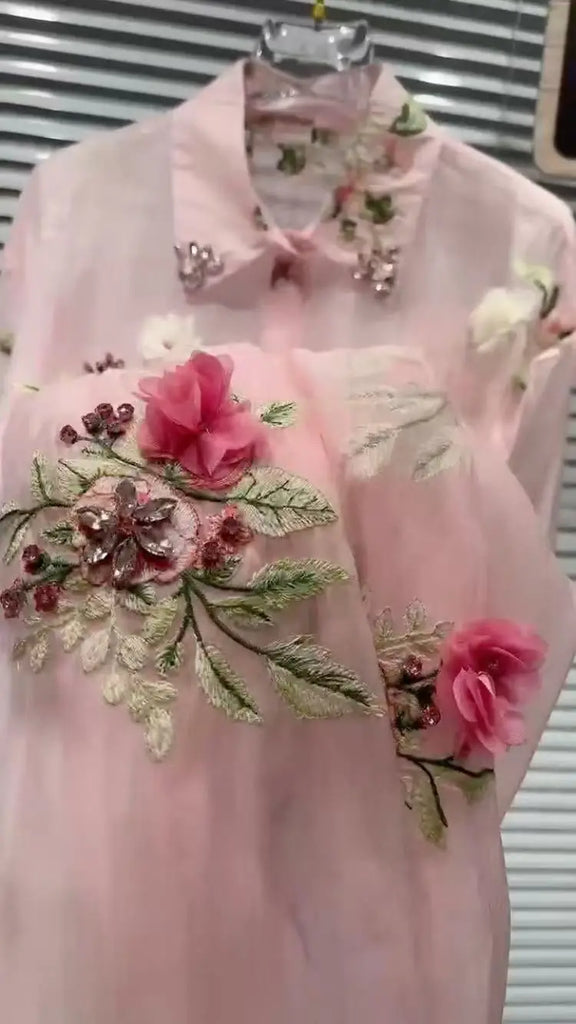 Diamonds Flowers Embroidery Long Sleeve Blouse