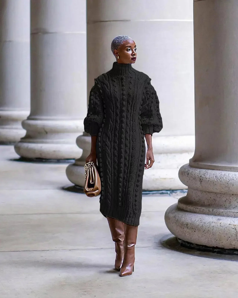 Bright High-Split Turtleneck Knit Dress
