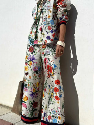 Women 2 Pieces Tracksuits Outfits Fiesta Satin Floral Print Button Down Shirts & Pocketed Wide Leg Pants Set