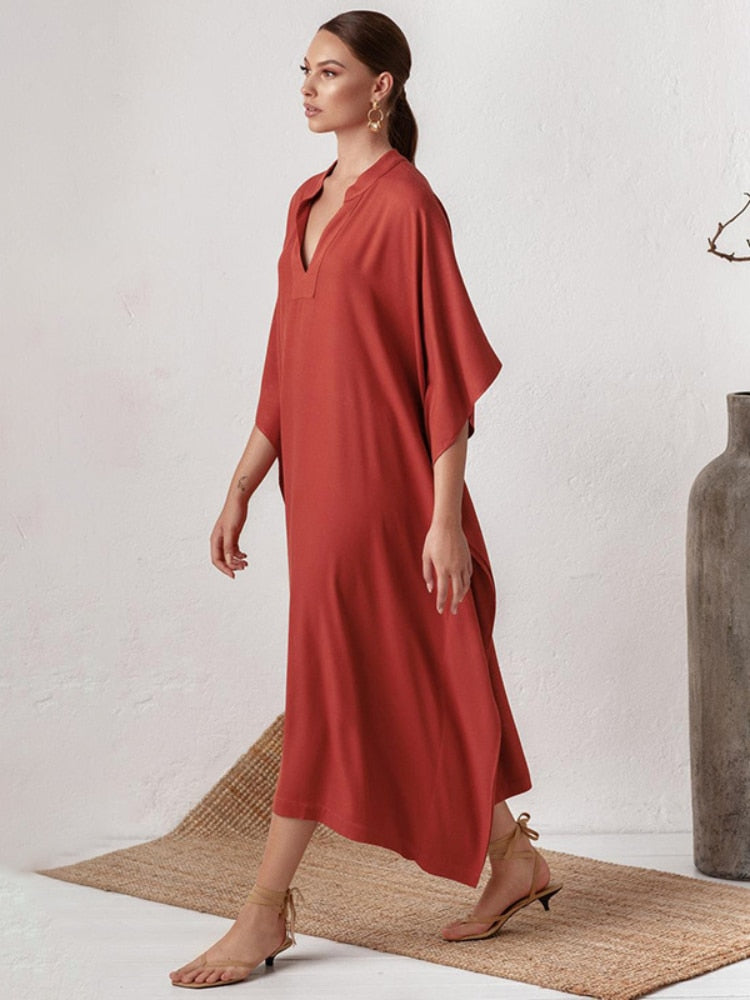 Nicia Solid V-Neck Kaftan  Relaxed Beach Cover-Up Dress