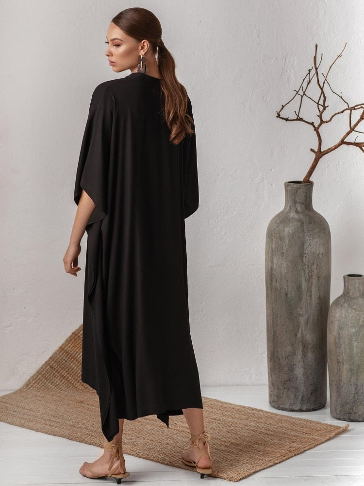 Nicia Solid V-Neck Kaftan  Relaxed Beach Cover-Up Dress