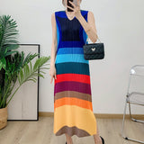 Bright Color Block Pleated Slim Fit Long Vest Dress for Women