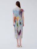 Bright Floral Half-High Neck Sleeveless Pleated Slim