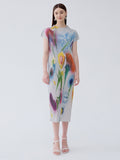 Bright Floral Half-High Neck Sleeveless Pleated Slim