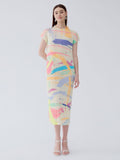 Half high collar versatile pleated slim fit short sleeved mid length skirt printed dress for women