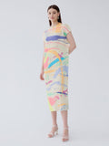 Half high collar versatile pleated slim fit short sleeved mid length skirt printed dress for women