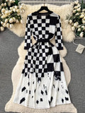 black and white long belted dress