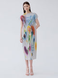Bright Floral Half-High Neck Sleeveless Pleated Slim