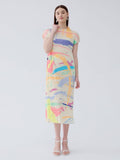 Half high collar versatile pleated slim fit short sleeved mid length skirt printed dress for women