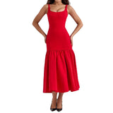 Square Neckline Sleeveless Ruffled Edge Suspender Dress for Women