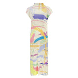 Half high collar versatile pleated slim fit short sleeved mid length skirt printed dress for women