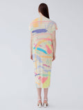 Half high collar versatile pleated slim fit short sleeved mid length skirt printed dress for women