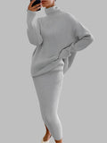 Grey Turtleneck Sweater Skirt Set 
