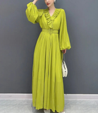 Ruffled Collar Pleated Chiffon Mid-Calf Dress