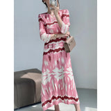 Miyake Pleated Abstract Painting Printed Evening Dresses for Women V- Collar Short Sleeve Elegant Long Robe Party Dress 2023