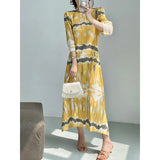 Miyake Pleated Abstract Painting Printed Evening Dresses for Women V- Collar Short Sleeve Elegant Long Robe Party Dress 2023