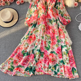 Floral Print Chiffon Dress with Puff Sleeves and High Waist