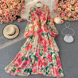 Floral Print Chiffon Dress with Puff Sleeves and High Waist