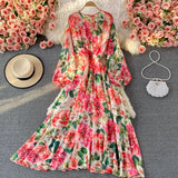 Floral Print Chiffon Dress with Puff Sleeves and High Waist