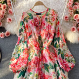 Floral Print Chiffon Dress with Puff Sleeves and High Waist